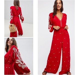 Free People Red Embroidered Wide Leg Jumpsuit